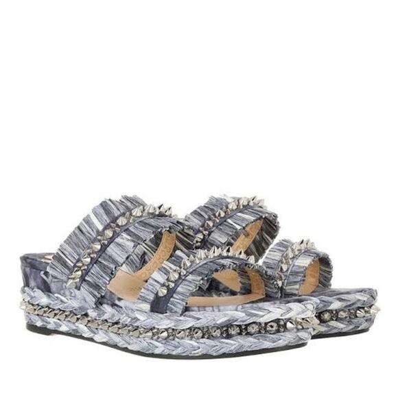 Christian Louboutin Tie-Dye Rafia Straw Flatform Slide Sandals - Picture 3 of 14